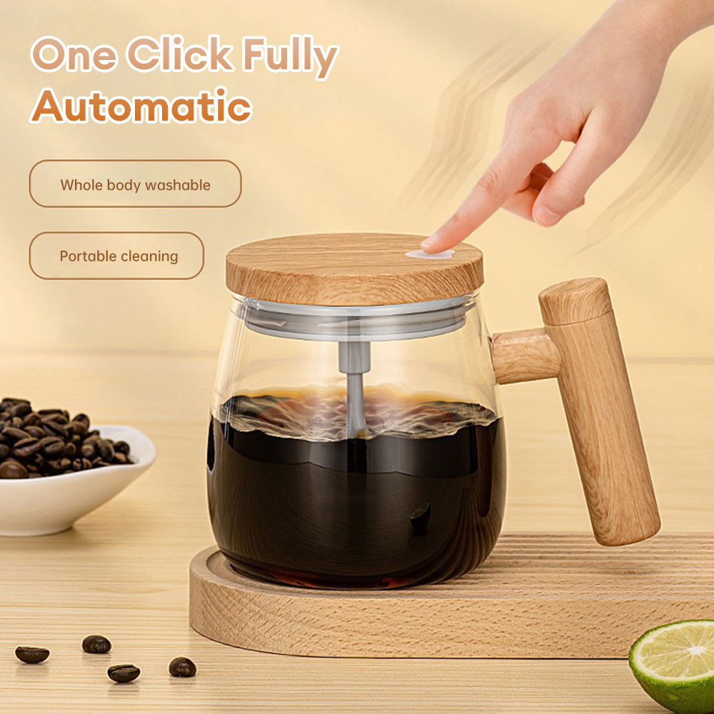 Automatic Self Stirring Glass Coffee Mug With Wooden Handle And One Touch Mixing - 400ml  Wooden