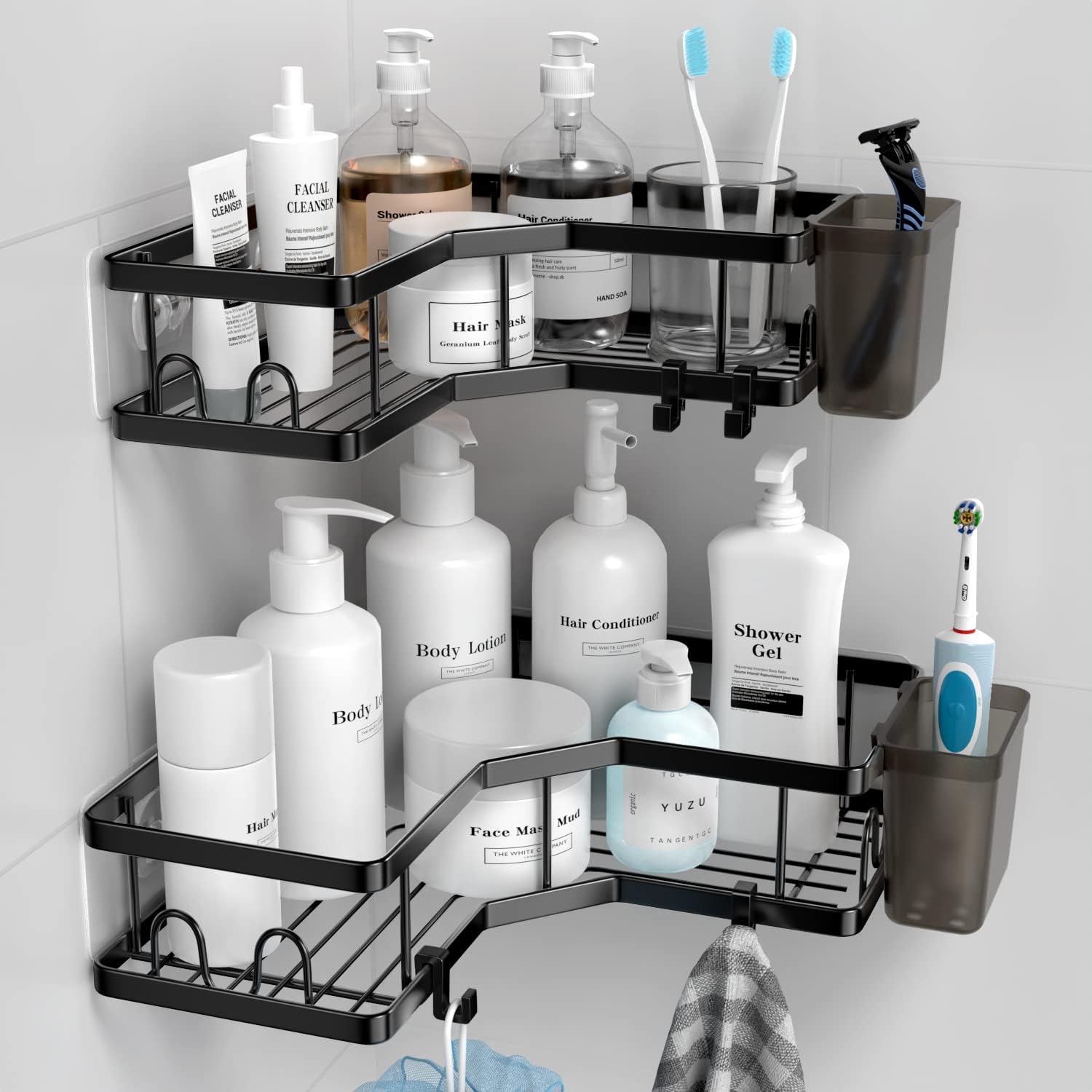 2 Pack Stainless Steel Corner Shower Caddy Organizer With Hooks & Toothpaste Holder