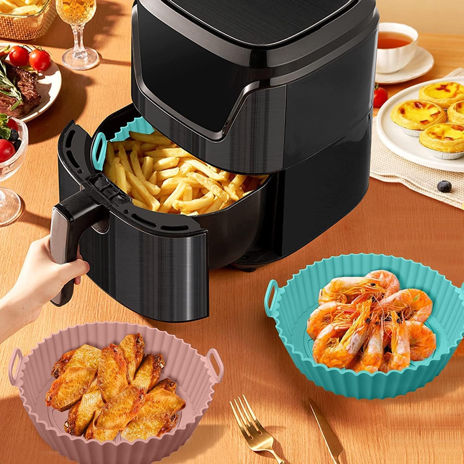 Reusable Round Silicone Air Fryer Liner Basket With Handles - Multicolor