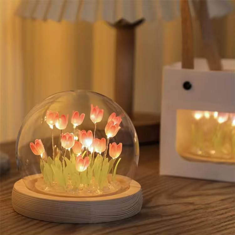 DIY Pink Tulip LED Night Light With Wooden Base And USB Power - Multicolor