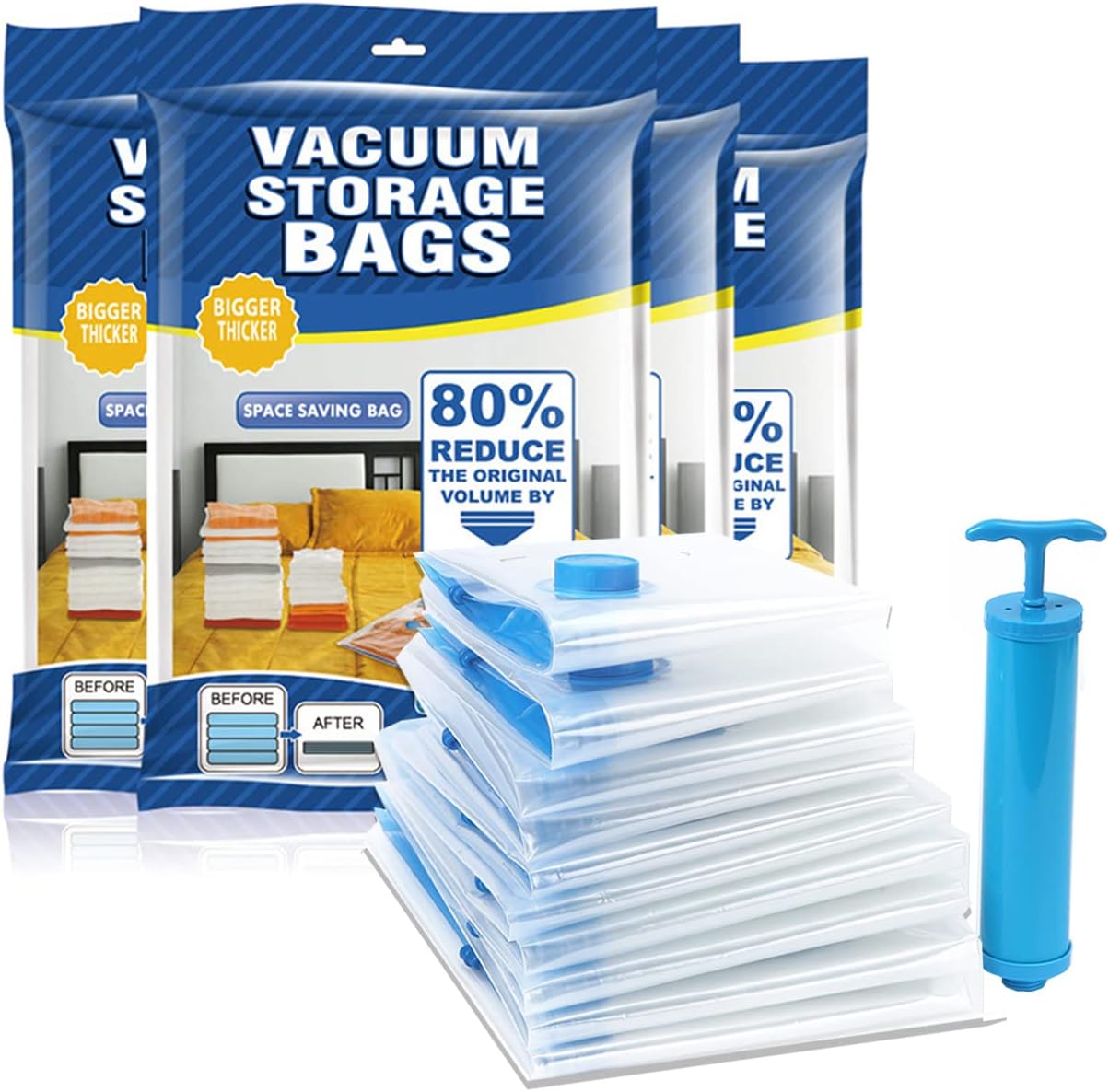 5 Pack Reusable Vacuum Storage Bags With Travel Hand Pump - White