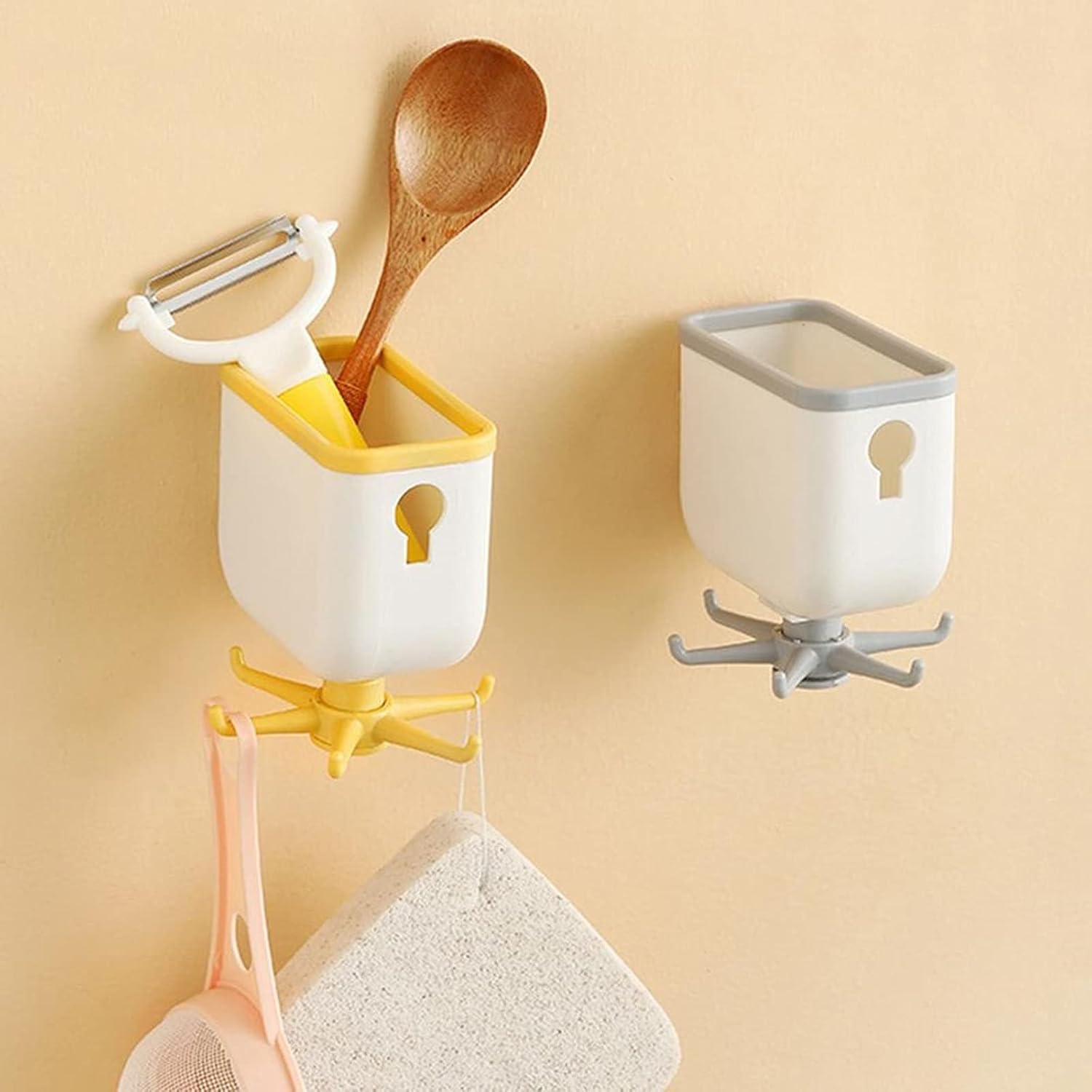Wall Mounted Self Adhesive Storage Holder With 360 Degree Rotating Hooks - White