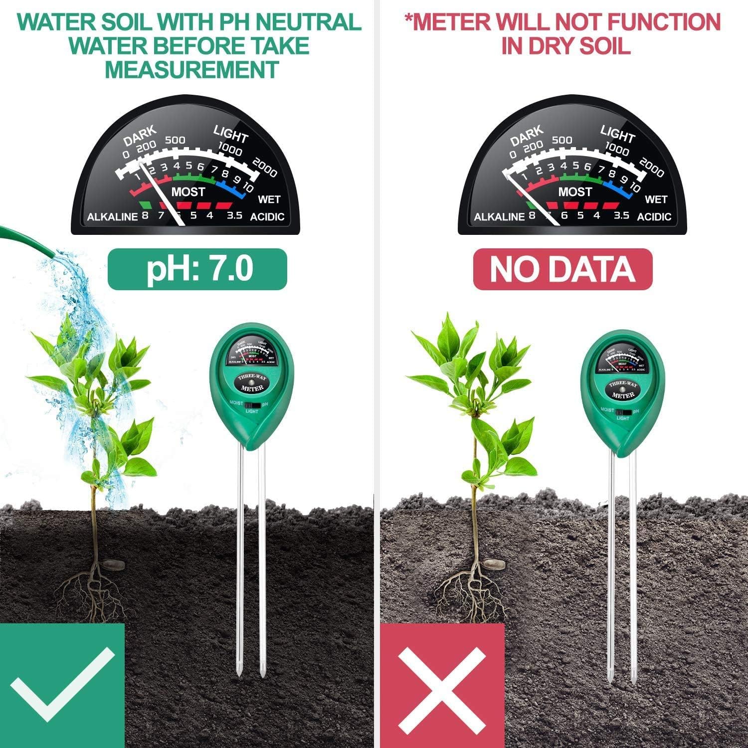 3 In 1 Soil PH Moisture And Light Tester Kit For Plants - Multicolor