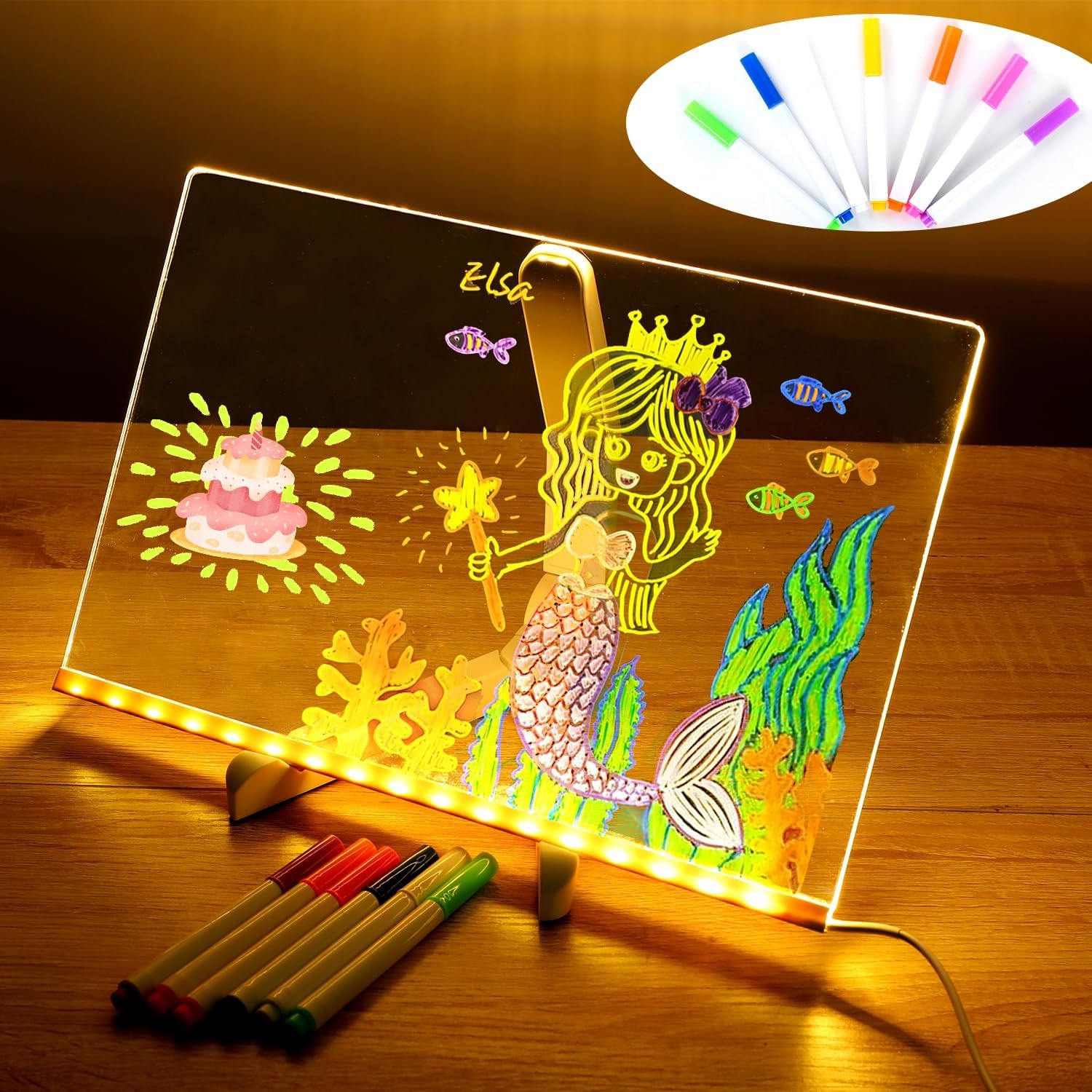   LED Acrylic Message Board Erasable USB Drawing Night Light For Kids - Blue