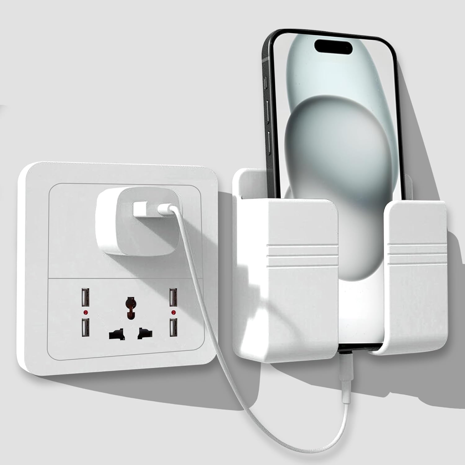 Wall Mount Mobile Charging Stand With Plug Storage Box - Multicolor