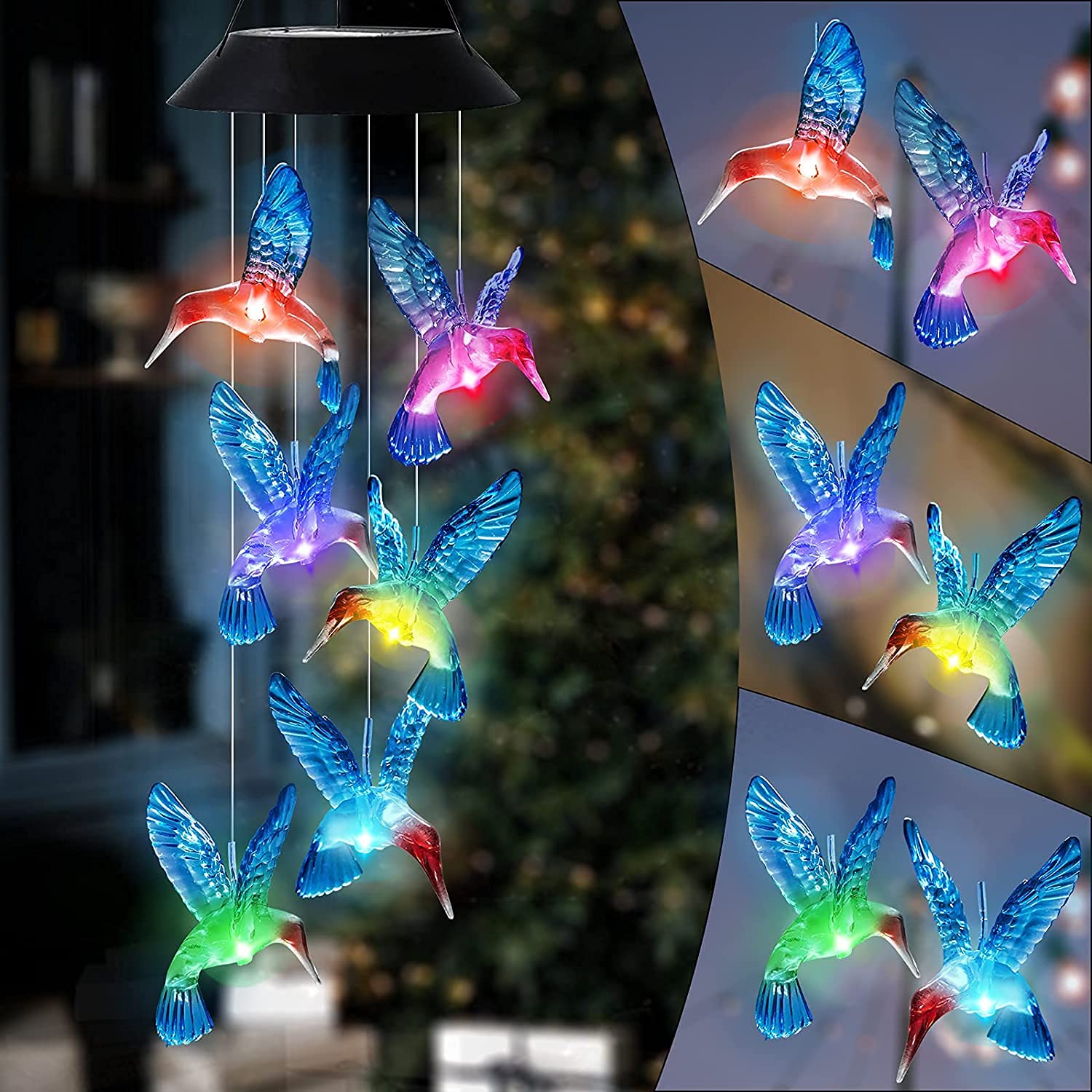 Solar Powered Hummingbird LED Wind Chimes With Color Changing Lights - Green