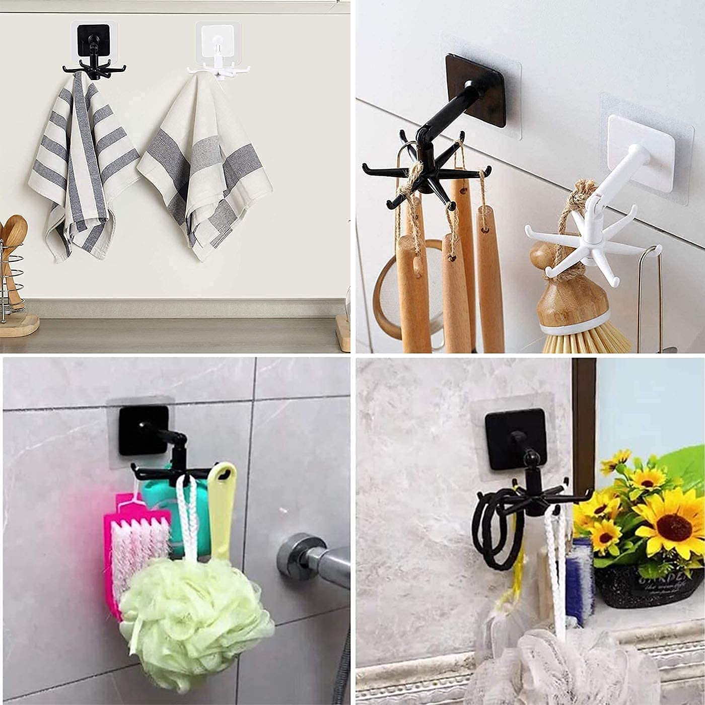 360° Rotating Foldable Self Adhesive 6 Hook Wall Organizer Rack - White