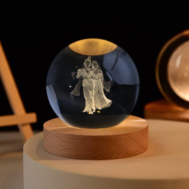 3D Radha Krishna Crystal Ball LED Night Lamp For Bedroom