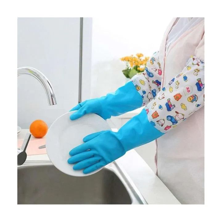 Reusable Rubber Latex Household Cleaning Gloves With Cotton Lining - Blue