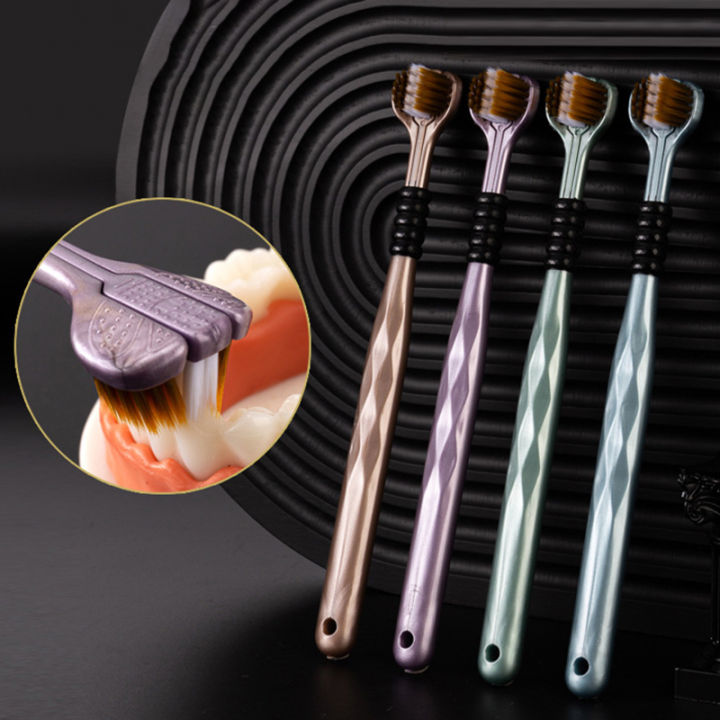 2 Pieces 3D Three Sided Soft Bristle Toothbrush With Tongue Scraper - Multicolor