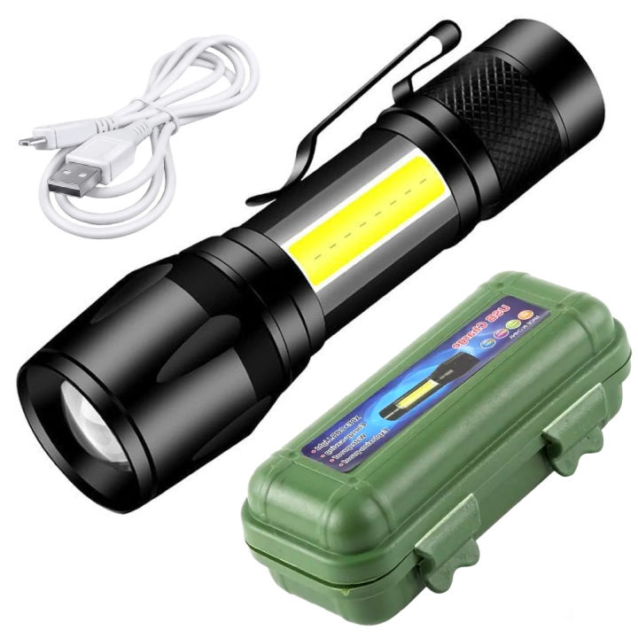 Zoomable Rechargeable COB LED Flashlight Mini Pocket Torch For Outdoor Use - Black