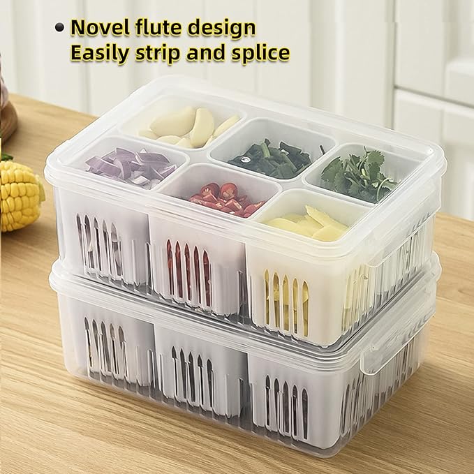 Clear Refrigerator Storage Box With Drain Basket And Grid Organizer - White