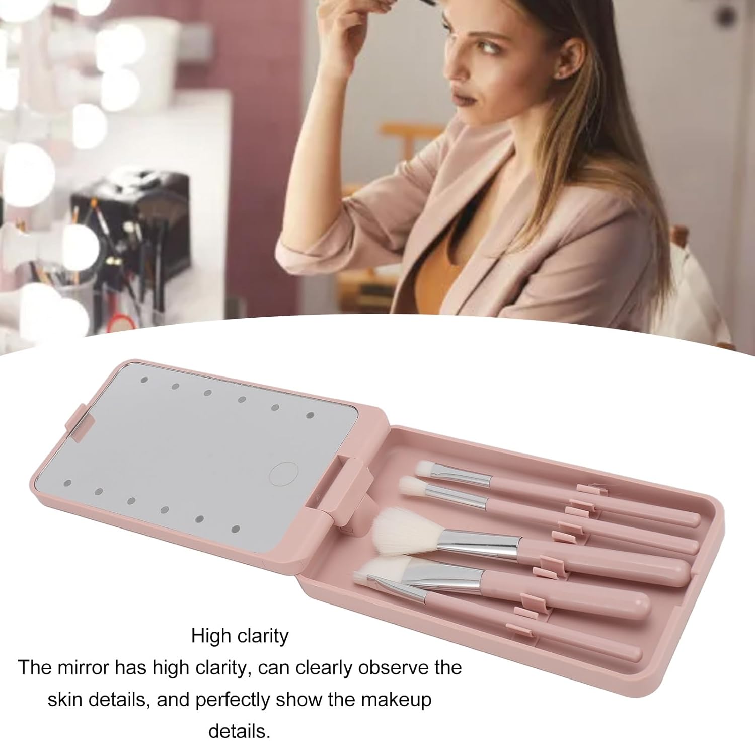 5 Piece Makeup Brush Set With LED Mirror Pink Travel Kit 