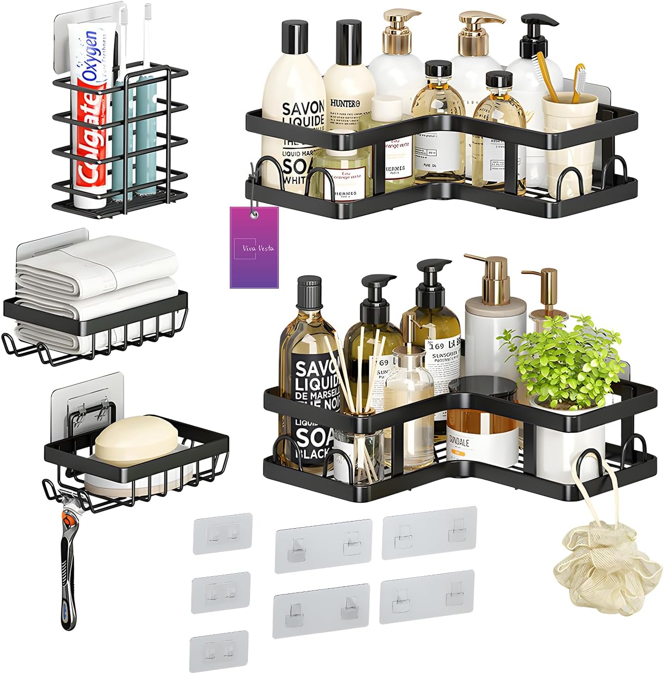 5 Piece Adhesive Shower Caddy Set With Bathroom Storage Shelves - Black