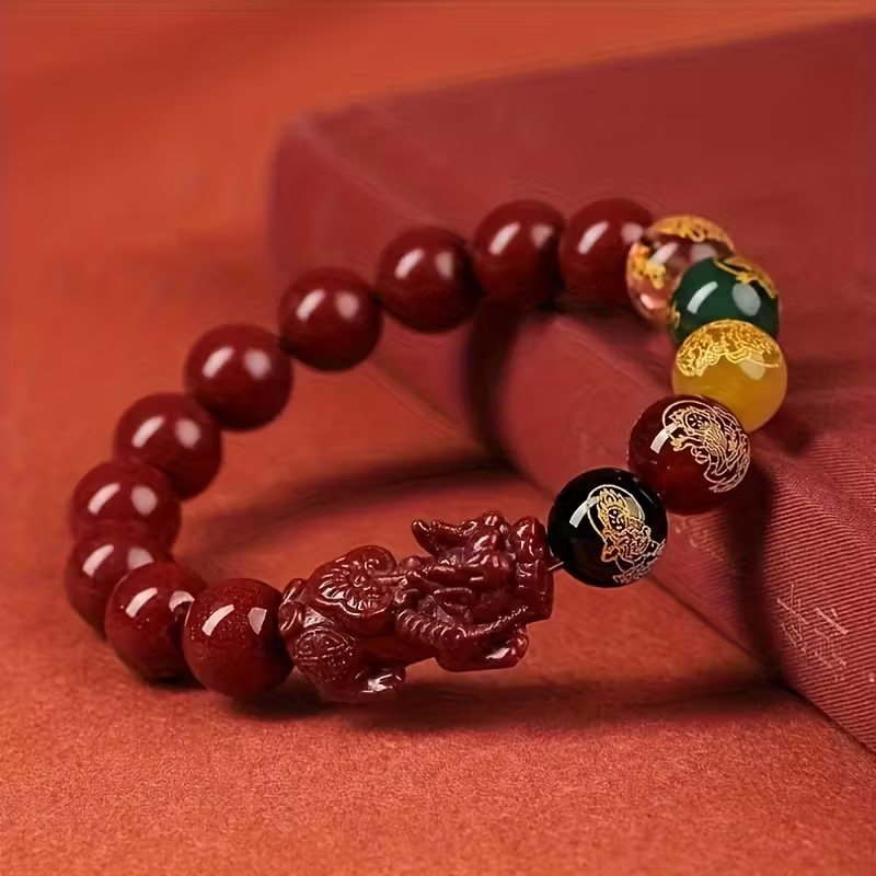 Pixiu Cinnabar Crystal Wealth Bracelet With Purple Sand Beads - Red (10mm/8mm)