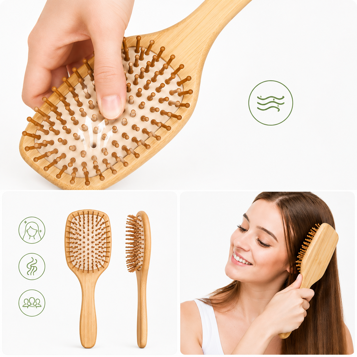 Eco Friendly Bamboo Paddle Hair Brush For Detangling And Smoothing - Multicolor