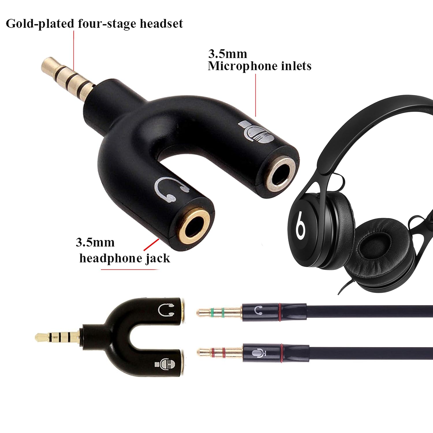 Black U Shape 3.5mm Headphones With Mic And Jack Splitter - Black