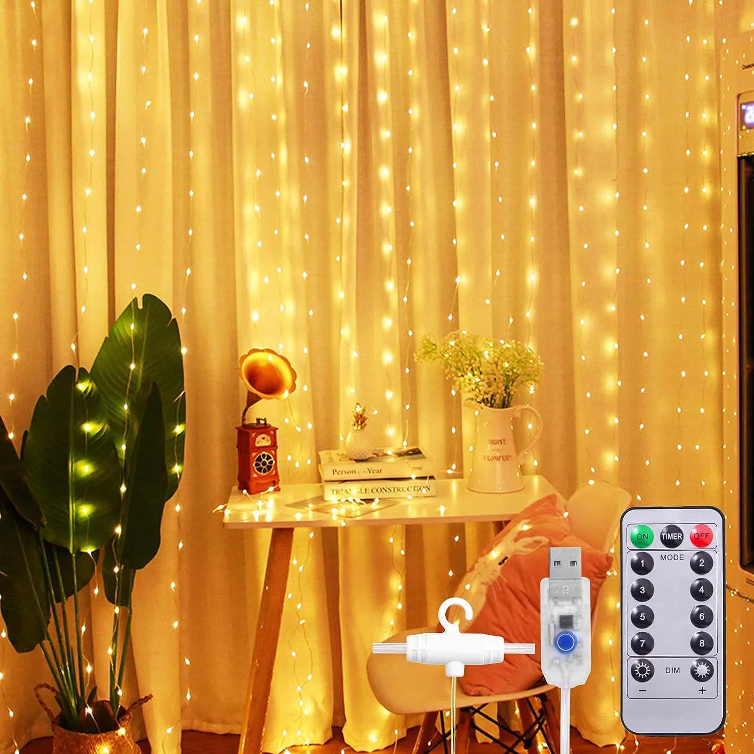 LED Fairy Curtain Lights Warm White USB String Decoration 3x3m - Yellow