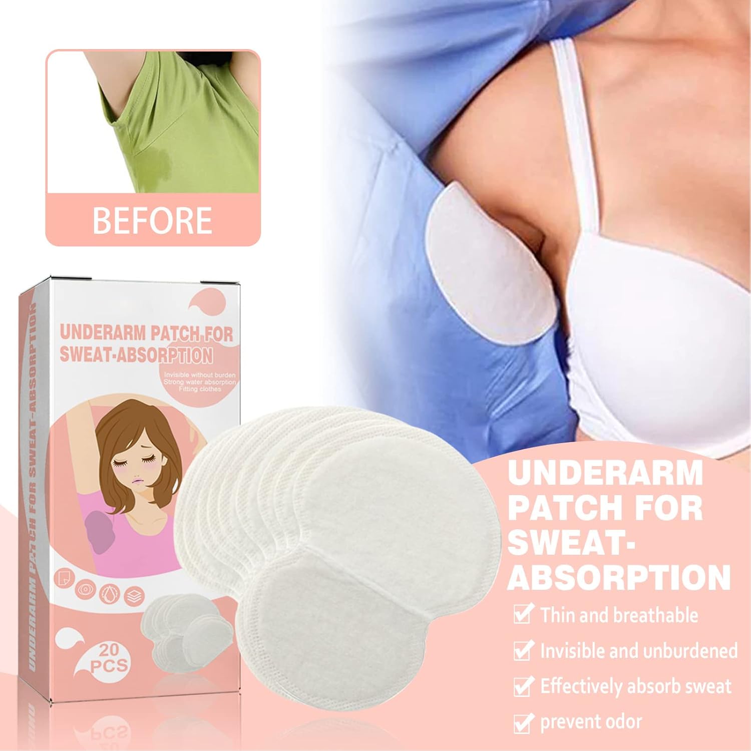 20 Pieces Invisible Underarm Sweat Absorbing Pads For Men And Women - White