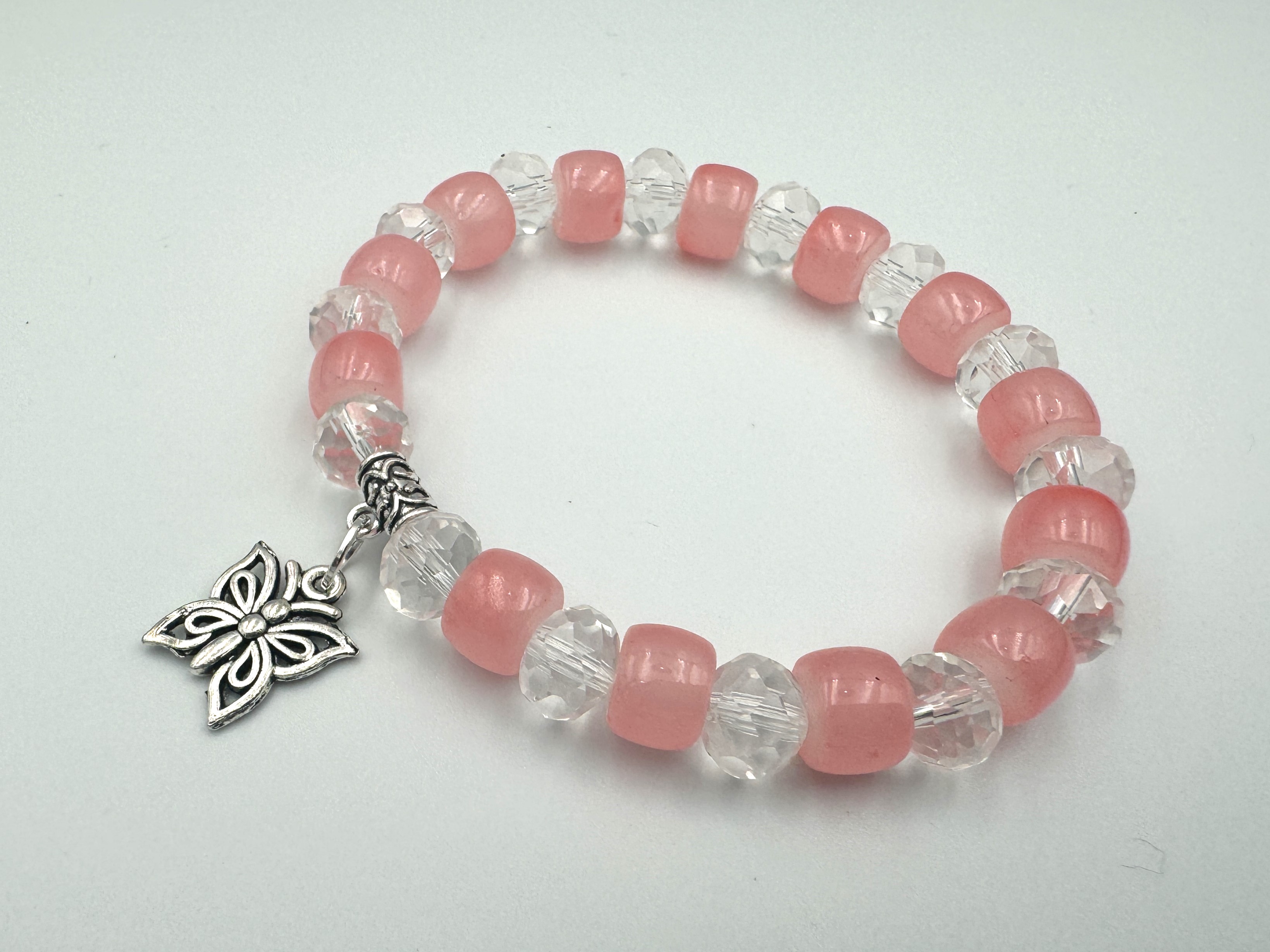 Pink Stone Beads Designer Bracelet With Butterfly Charm For Women - Size "Medium"