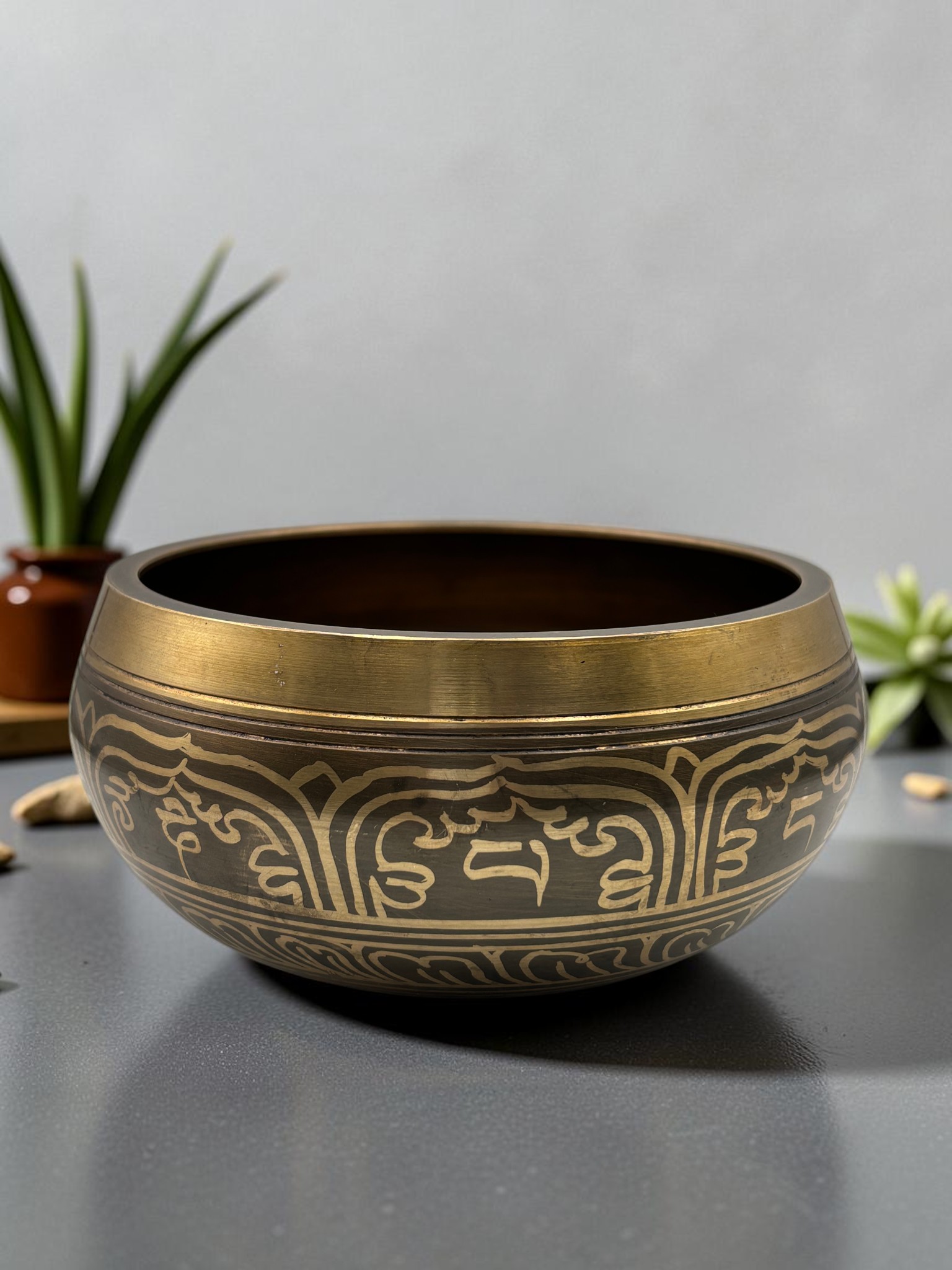 14.5 cm Hand-Carved Mantra Singing Bowl with Dharma Chakra Design | Handmade Meditation & Sound Healing Bowl