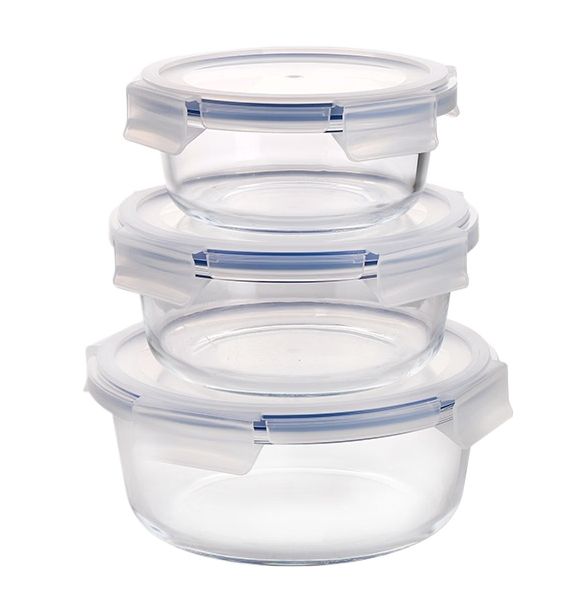 Microwave Borosilicate Glass Container Storage Pot Bowl with BPA Free Air Vent Plastic Lid Set Of 3 Pcs 400 ml 650 ml 1000 ml Round Transparent