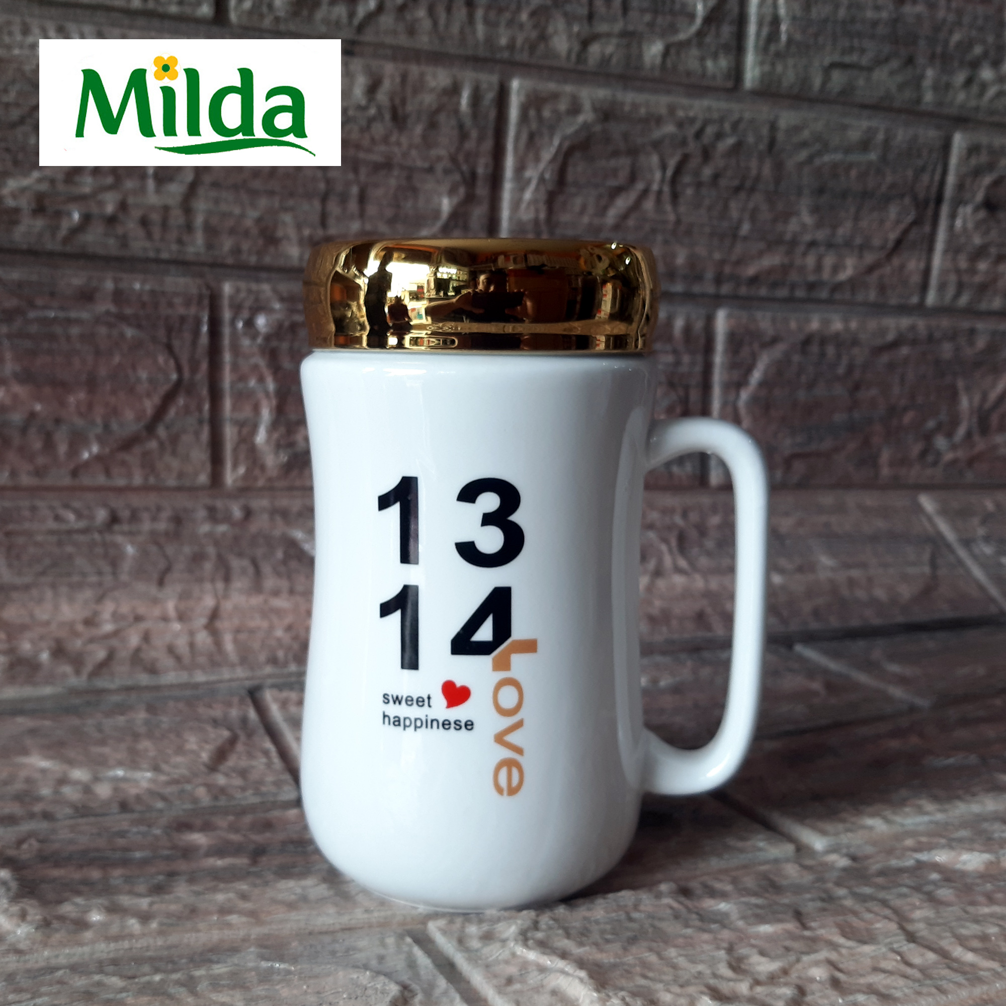 Milda Ceramic Coffee, Tea, Milk Mug White Decal With Mirror Lid - 400 ml