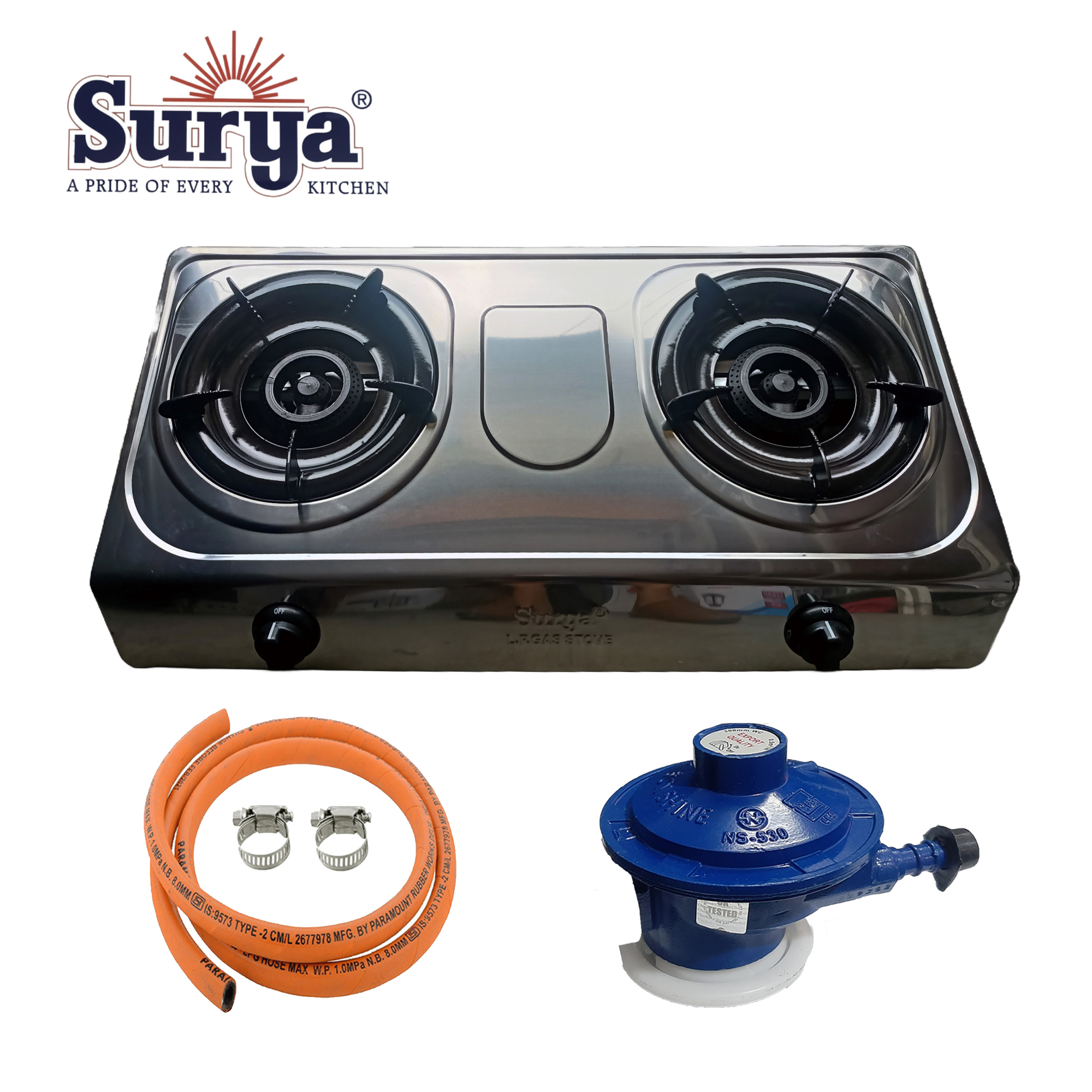 Suurya Automatic Gas Stove Shine Stainless Steel Combo Full Set Includes Regulator Pipe Clips One Year Warranty