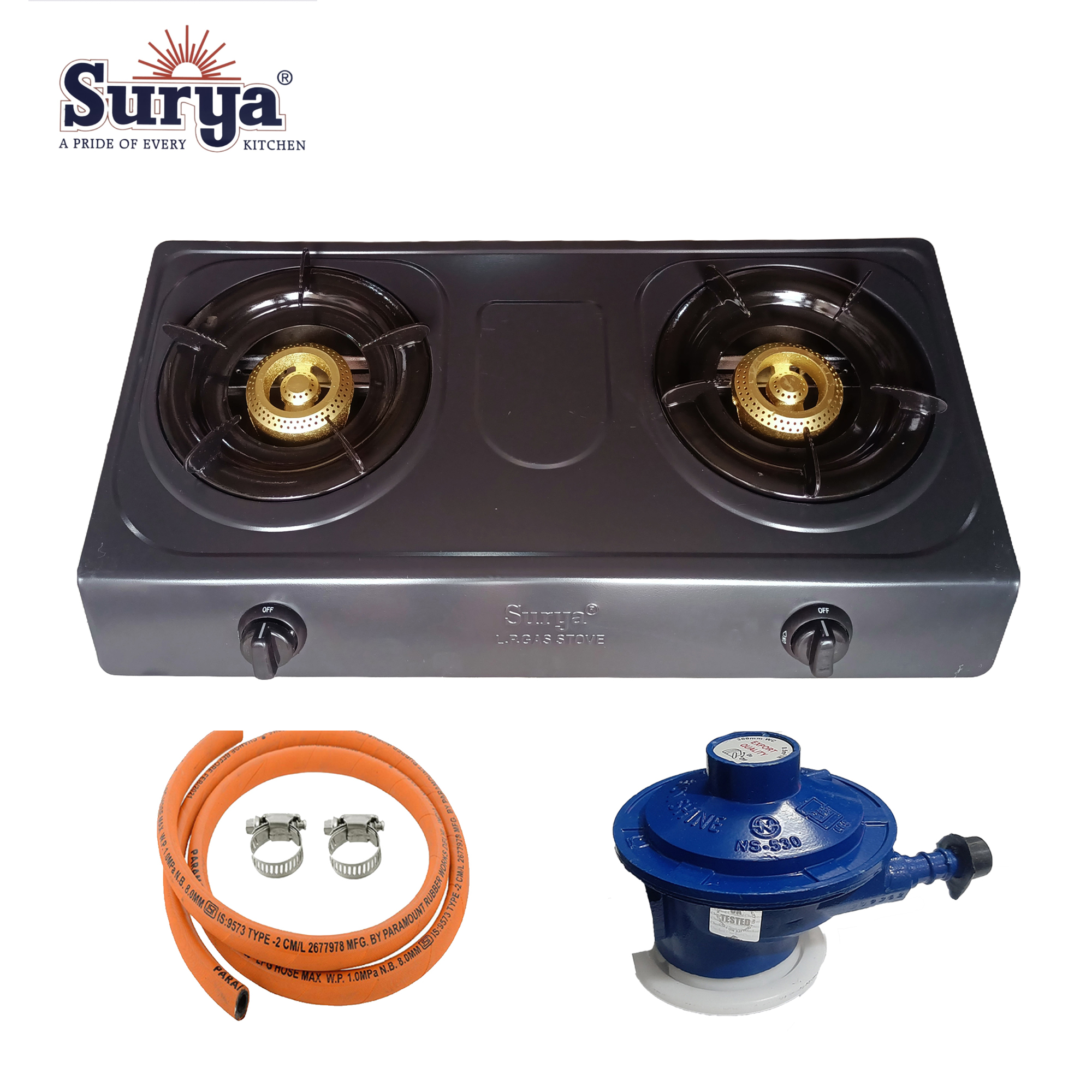 2 Burner Automatic Gas Stove with Regulator Pipe and Clips 1 Year Warranty - Black 