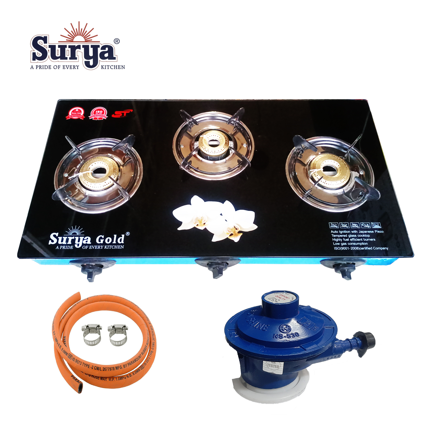 Automatic Stove Gas Stove Full Set contains Regulator, Surakshya Hose Pipe and Clip 1 year Warranty Suurya Gold Gas Glass Stove