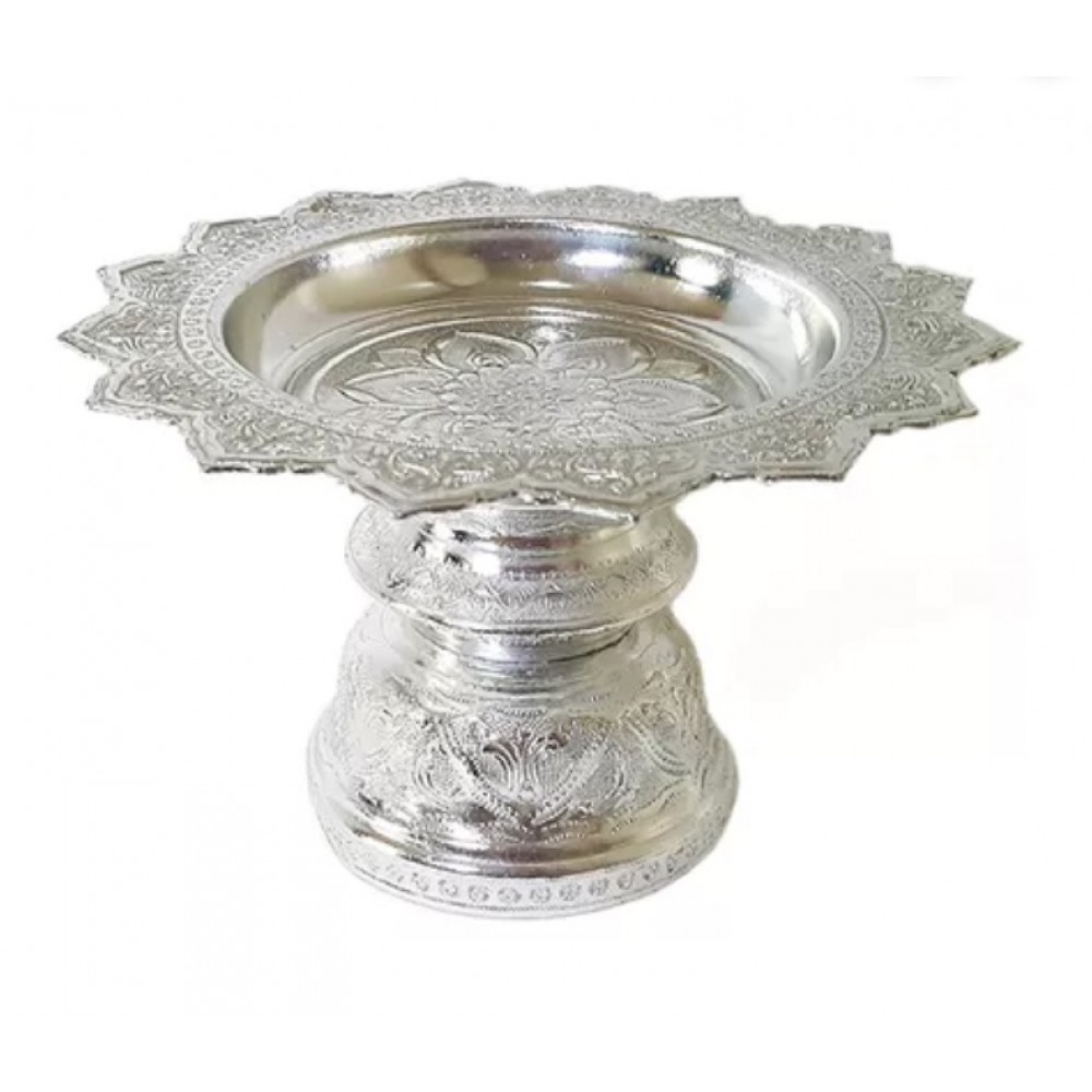 18Cm Silver Coated Tika Thali Traditional Style Tray With Pedestal For Worship