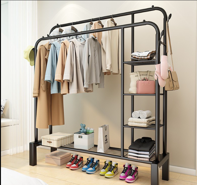 Metal Clothes Stand with Double Hanging Rails & Shelves with Wheels - Black