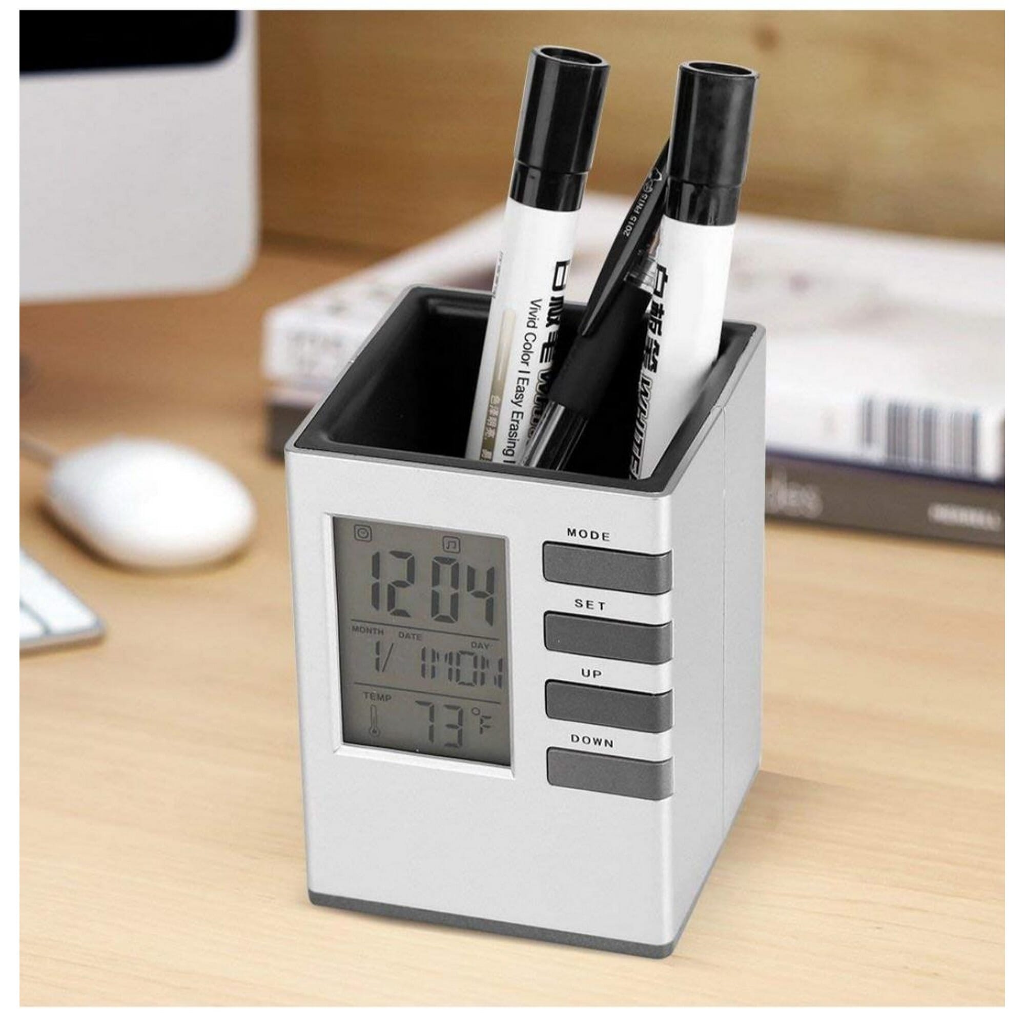 Multi-Functional Desk Table Clock, Digital Lcd Screen Alarm Clock Pen Holder Temperature Display For Home Office - Multicolor