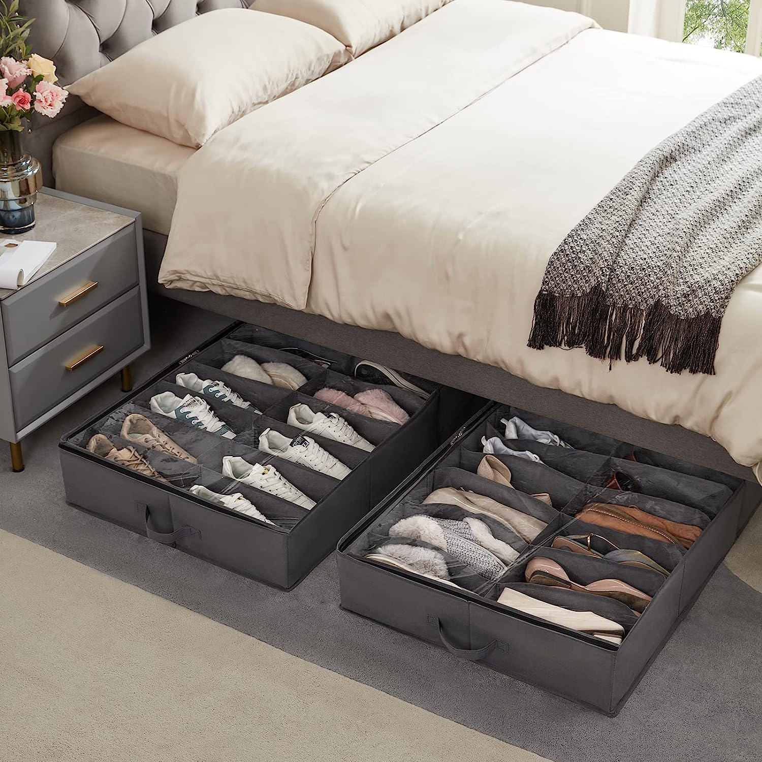 Under Bed Shoe Storage Organizer for 12 Pairs with Shoe Container (Grey)
