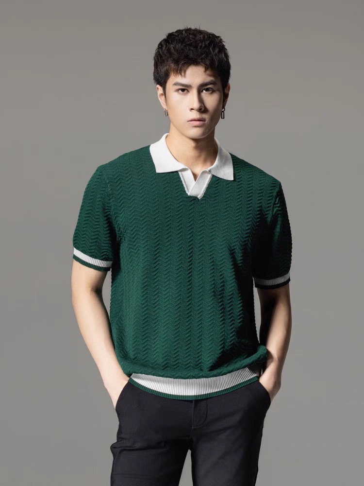Summer Striped Jacquard Knitted Polo T-Shirt For Men