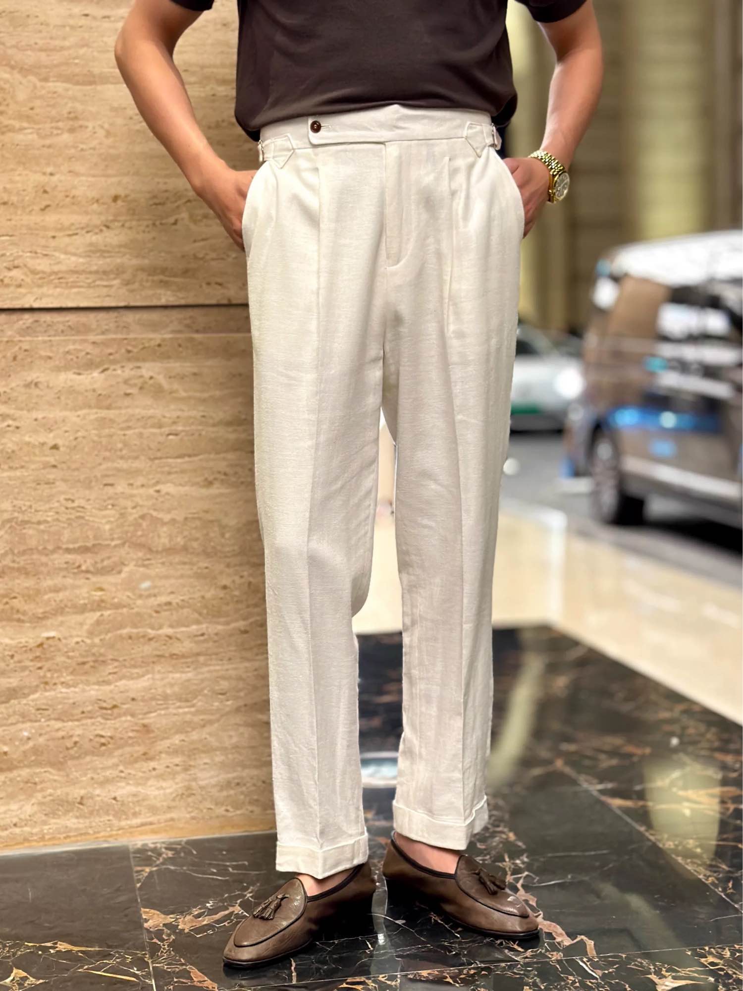 British High-Waist Linen Suit Pants For Men