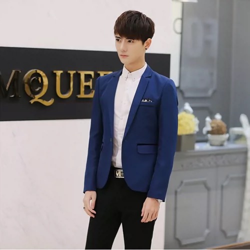 Navy Textured Korean Blazer For Men