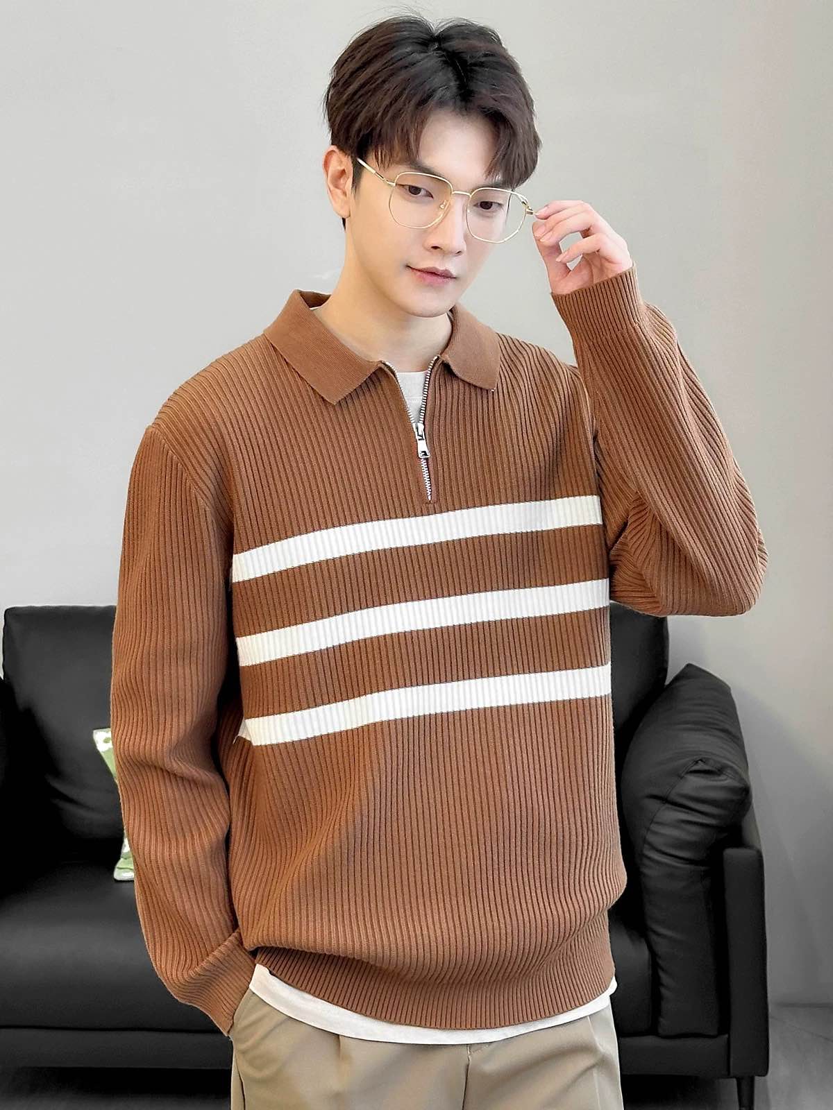 Harajuku Striped Half-Zip Cardigan For Men