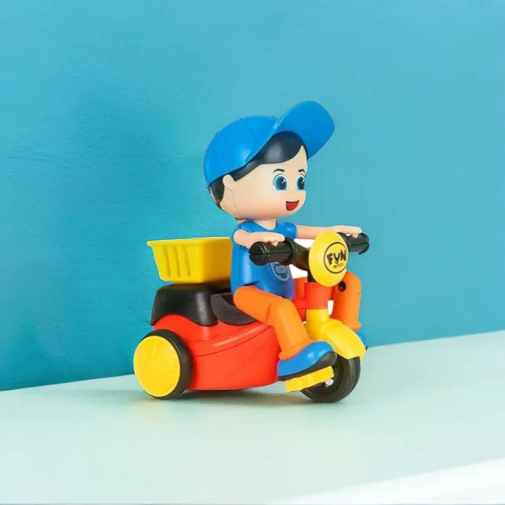 Friction Powered Mini Tricycle Cartoon Scooter Toy with Swing Function Stunt Tricycle Cartoon Boy Riding Tricycle, Bump & Go 360 Degree Fun Bicycle, Push and Go - Multicolor