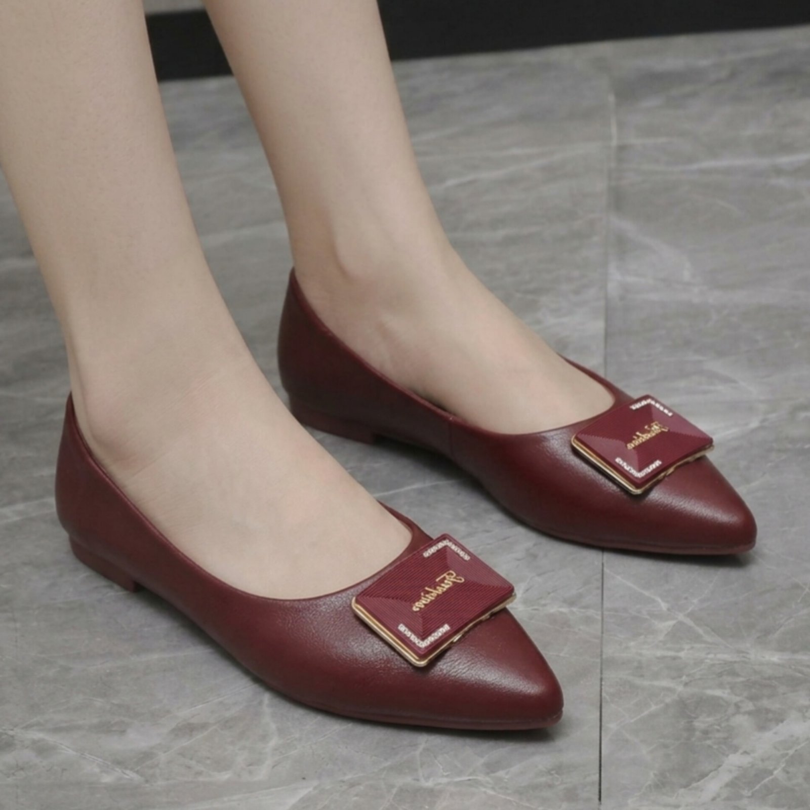 Elegant Luxe Black Flat Shoes For Women - Maroon (Size: 40)