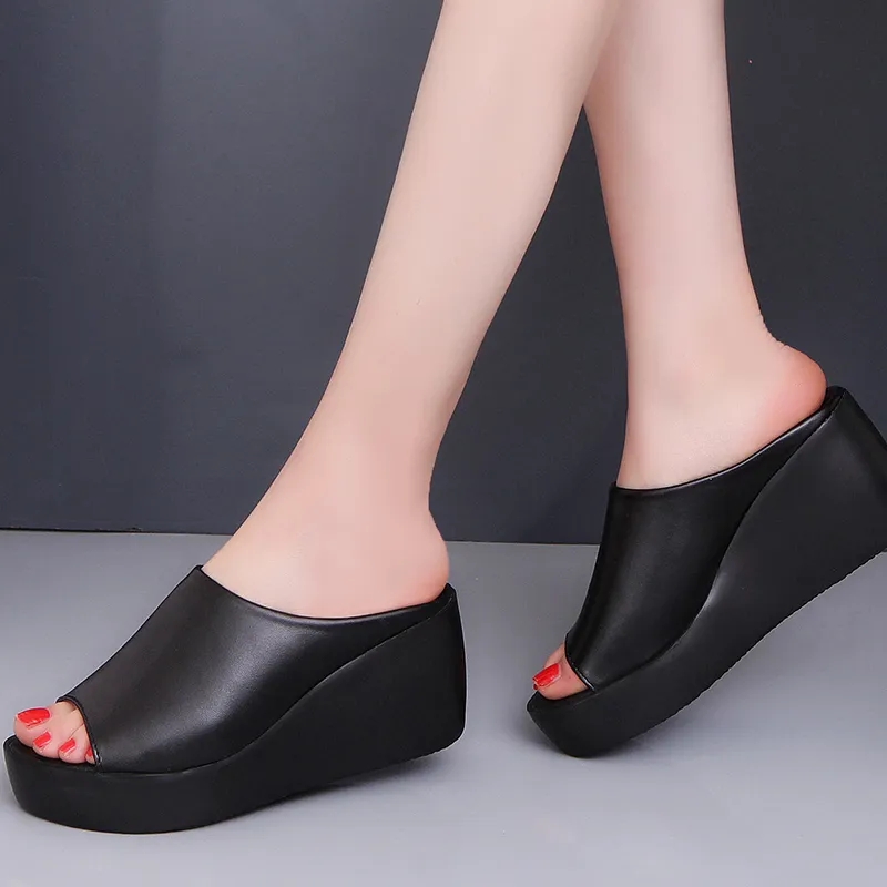 Black Wedge Heel Summer Sandals For Women