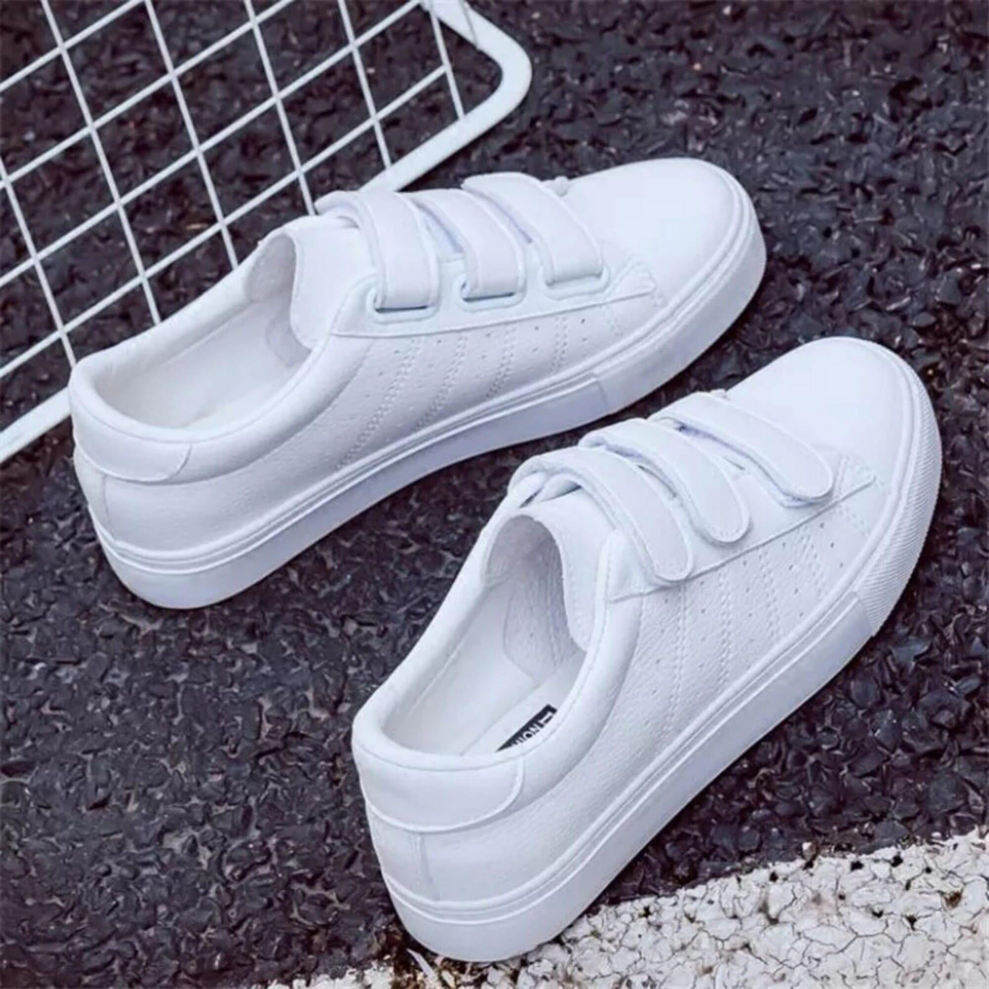 PU Leather Platform Sneakers – Striped Casual White Shoes For Women's 