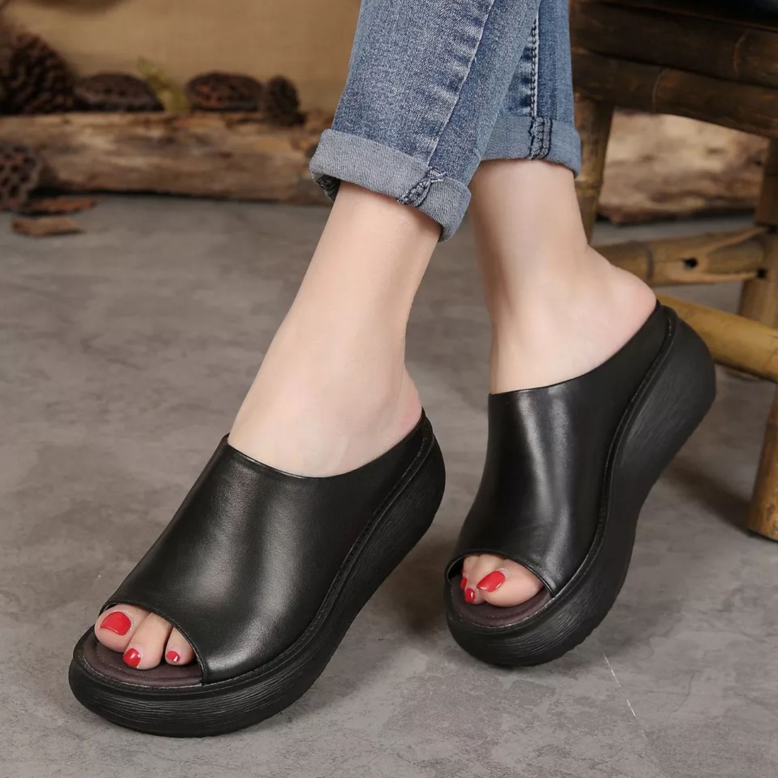  Coffee Leather Platform Sandals – Thick-Sole Summer Footwear For Women