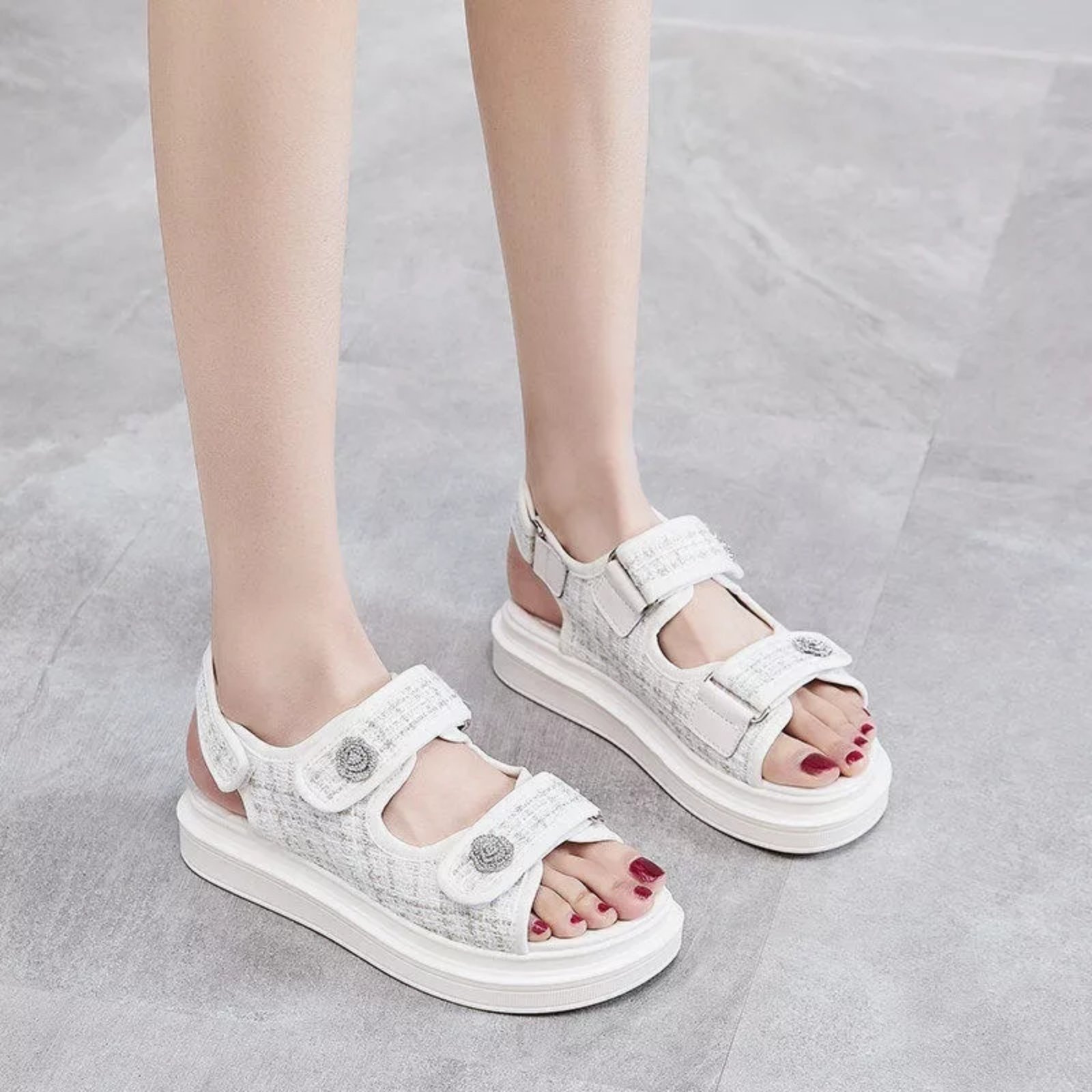 White Double-Strap Velcro Flat Sandals – Comfortable Casual Footwear For Women
