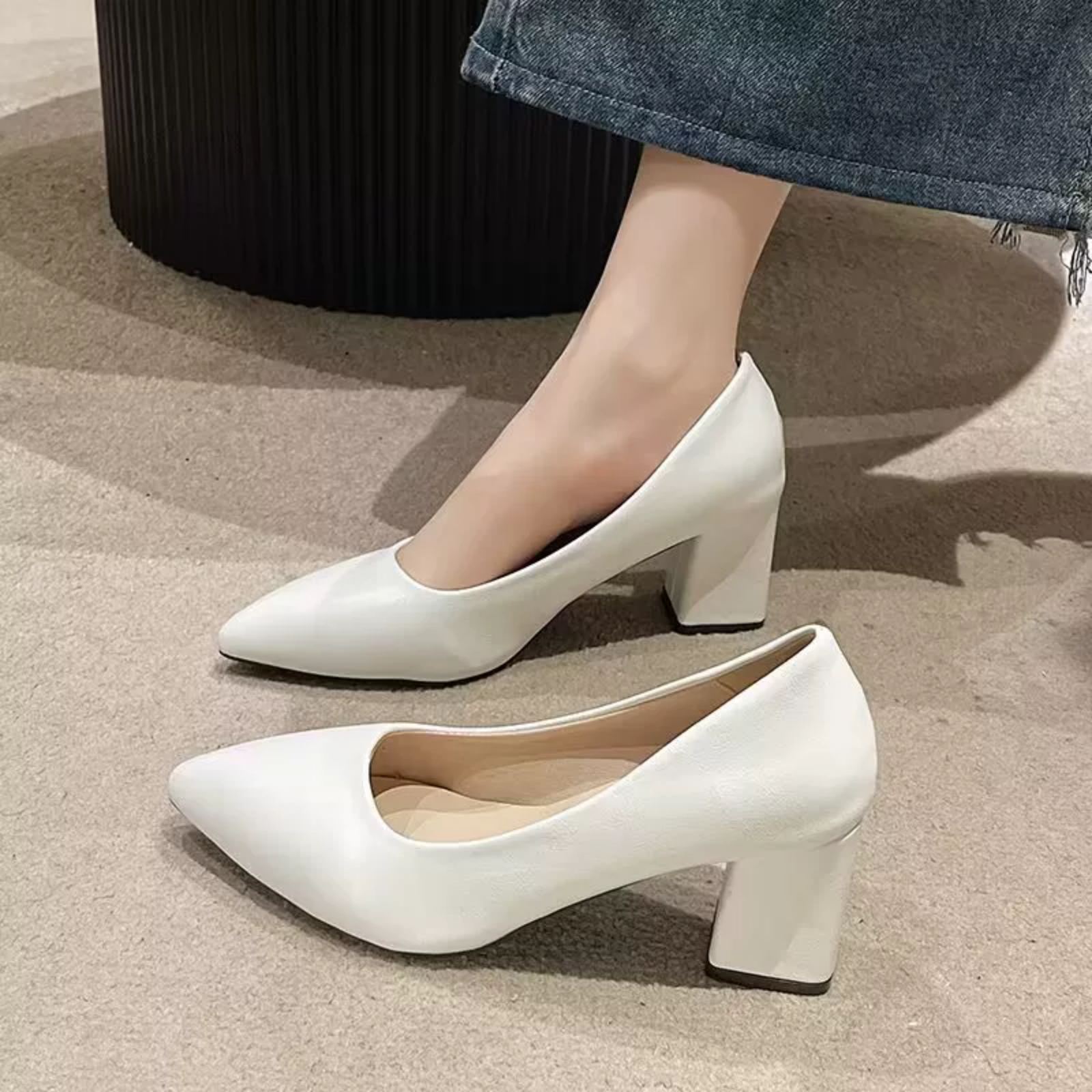 LuxeShine Cream Patent Block Heel Pumps – Elegant Classic Footwear For Women