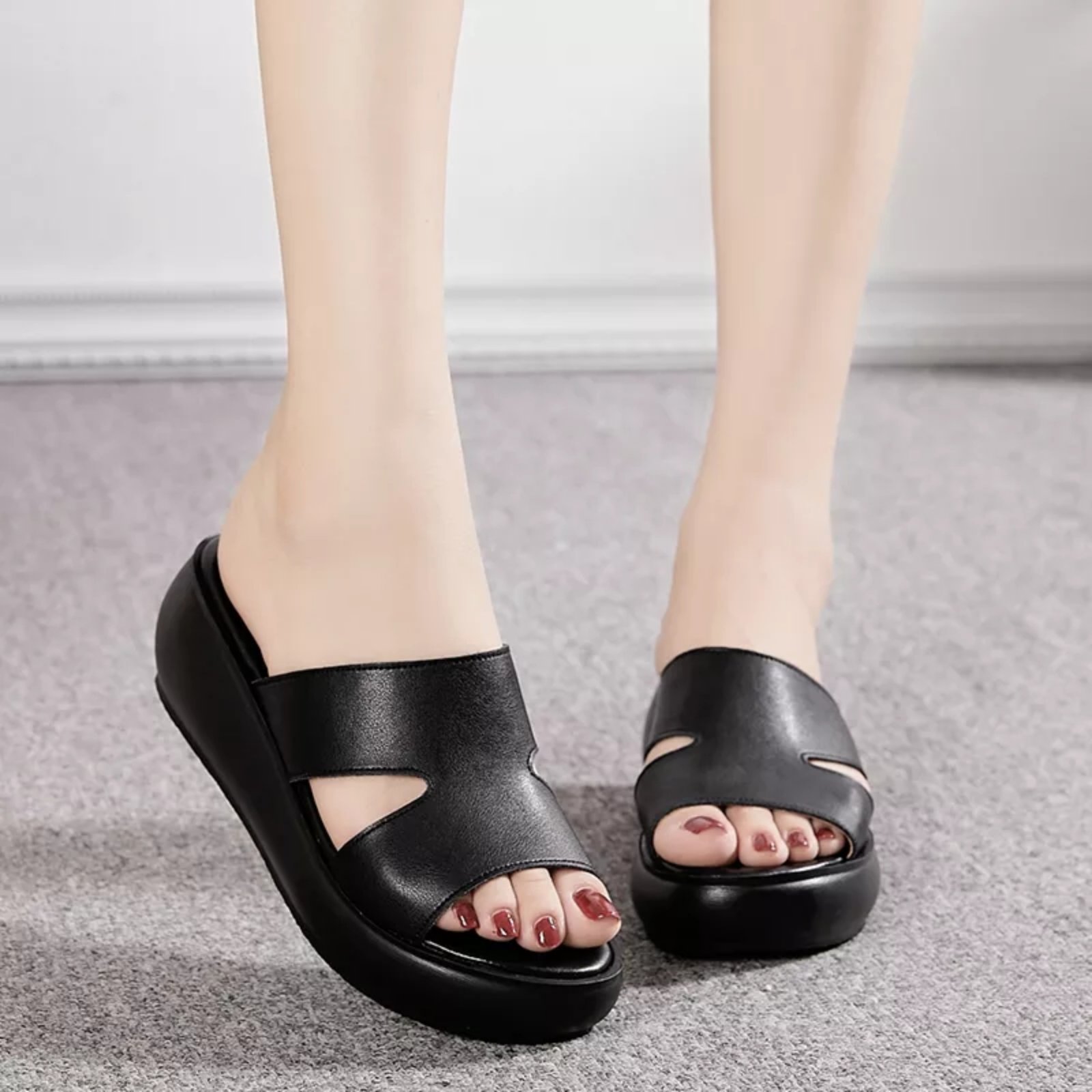 Genuine Leather Platform Wedge Sandals – Slip-On Peep-Toe Footwear For Women