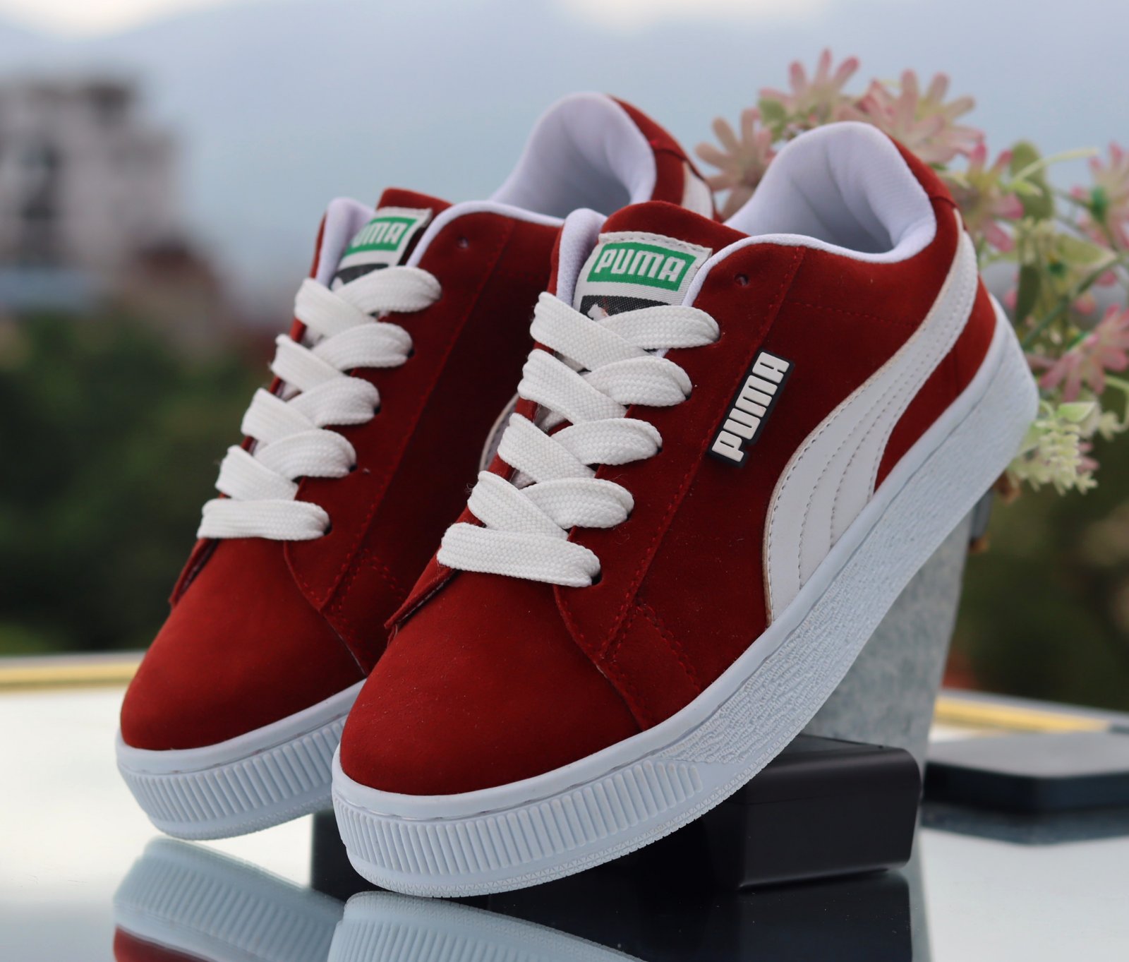 Crimson Red & White Suede Sneakers – Classic Comfortable Footwear For Women