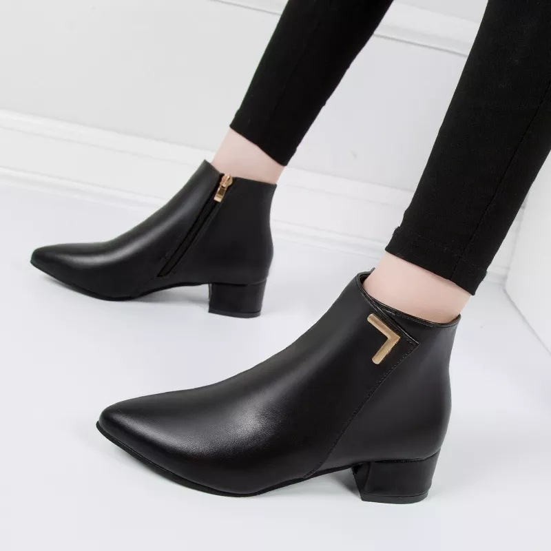 Leather Pointed-Toe Ankle Boots – Casual Low-Heel Fashion Footwear For Women