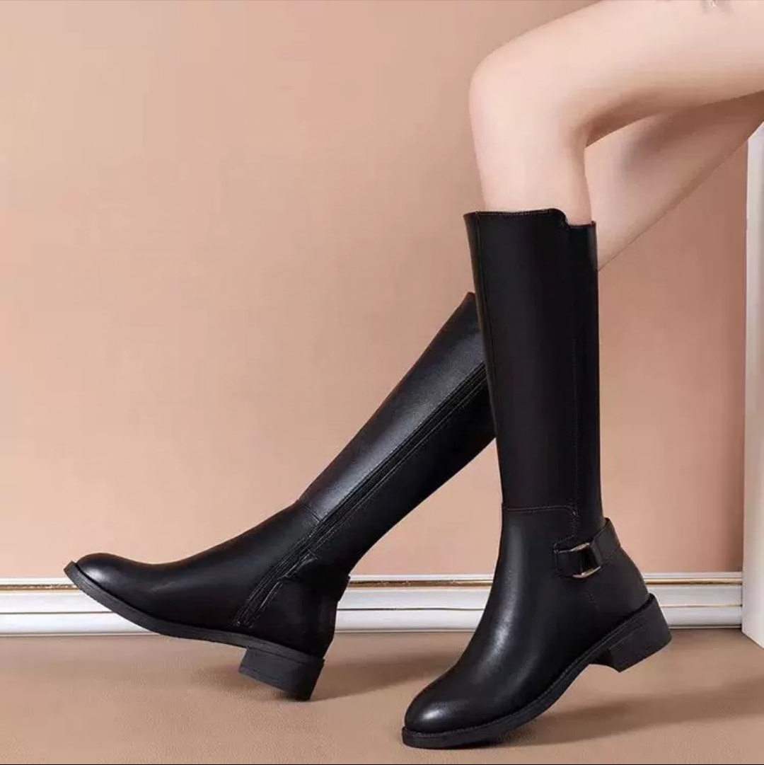 Genuine Leather Knee-High Boots – Low Square-Heel Zipper Autumn Footwear For Women