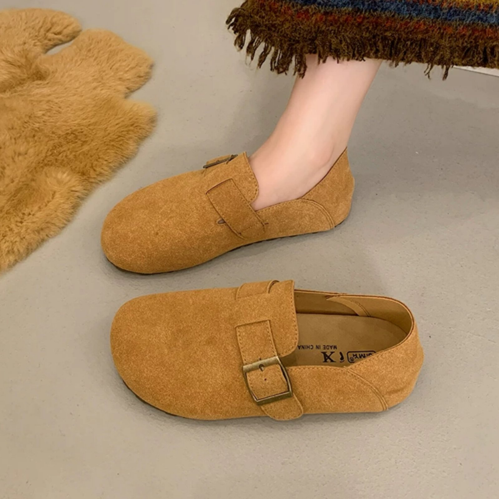 Camel Brown Suede Buckle Loafers – Chic Slip-On Comfort Footwear For Women